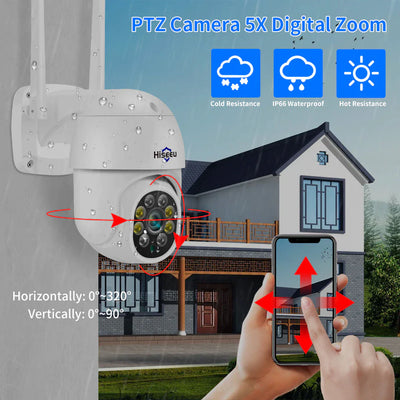HiSEU [Erweiterbar 10Ch, 5MP] WiFi -Überwachungskamera -System Outdoor 5MP Dome PTZ -Kameras und Bullet -Kameras Überwachung Mobile & PC -Remote, IP66 Waterefiel, Nachtsicht, 7/24/Bewegungsaufzeichnung, Bewegungswarnung, Zwei -Wege -Audio