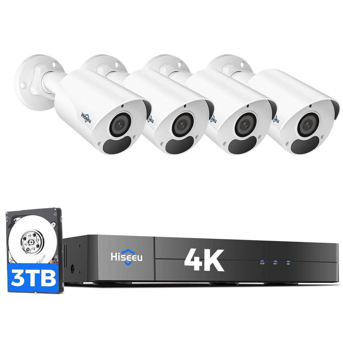 Hiseeu [4K HD+3TB HDD] Hiseeu 4K Security Camera System, PoE Security Camera System w/4pcs IP PoE Cameras, 121° Wide View, IP67 Waterproof, Remote Access, WDR, 100ft Night Vision, 7/24 Audio Record - Hiseeu