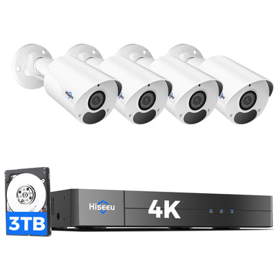 Hiseeu [4K HD+3TB HDD] Hiseeu 4K Security Camera System, PoE Security Camera System w/4pcs IP PoE Cameras, 121° Wide View, IP67 Waterproof, Remote Access, WDR, 100ft Night Vision, 7/24 Audio Record