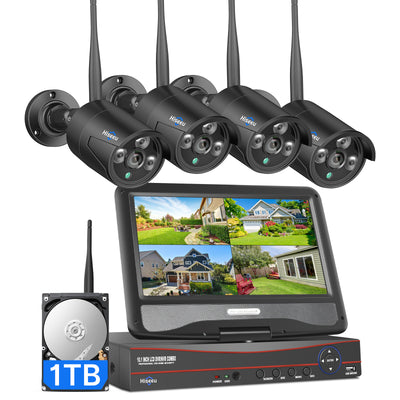HiseU Wireless Security Camera System mit 10,1 "LCD 8MP-Monitor, 4PCS 5MP Außenkameras mit Einweg-Audio, DC 12V-Plug-In, wasserdicht, Bewegungserkennung, 1 TB HDD