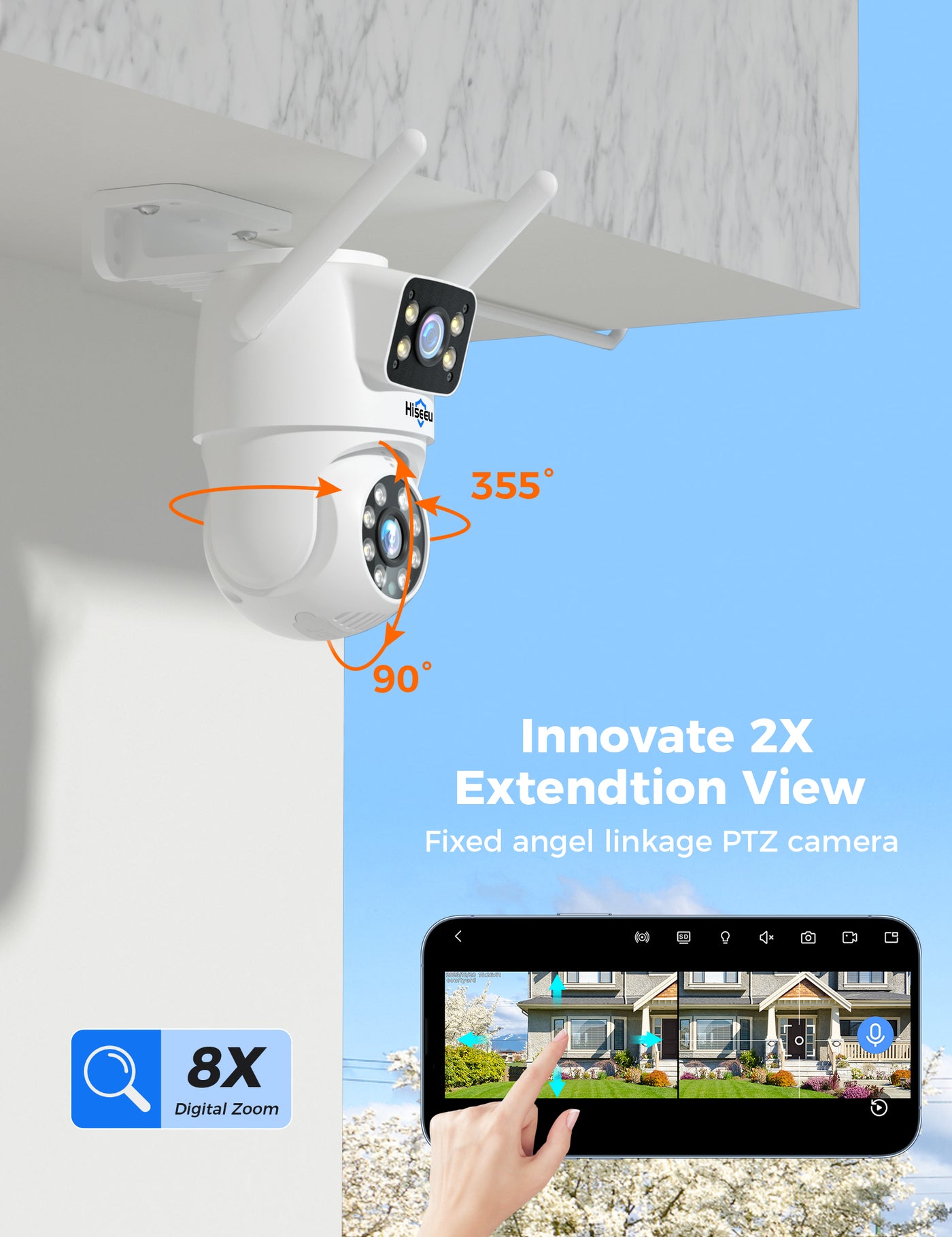 Hiseeu Wireless Security Camera Dual Lens PTZ Camera Outdoor with 128GB SD Card, 2K WiFi-Pro 5G/ 2.4Ghz Surveillance Cameras, Color Night Version, Plug-in Cable, Works with Wireless Camera System