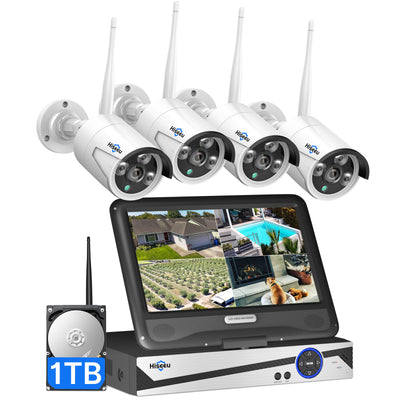 HiseU Wireless Security Camera System mit 10,1 "LCD 8MP-Monitor, 4PCS 5MP Außenkameras mit Einweg-Audio, DC 12V-Plug-In, wasserdicht, Bewegungserkennung, 1 TB HDD