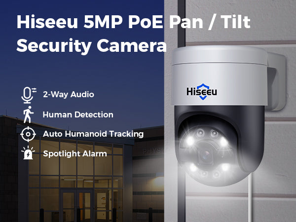Hiseeu 【Auto Tracking +2-Way Audio】 5MP PoE Security Camera Outdoor,CCTV Home Security Cameras,PTZ 300°Pan 90 Tilt Digital Zoom,Spotlight Alarm, Human Detection, No Monthly Fee