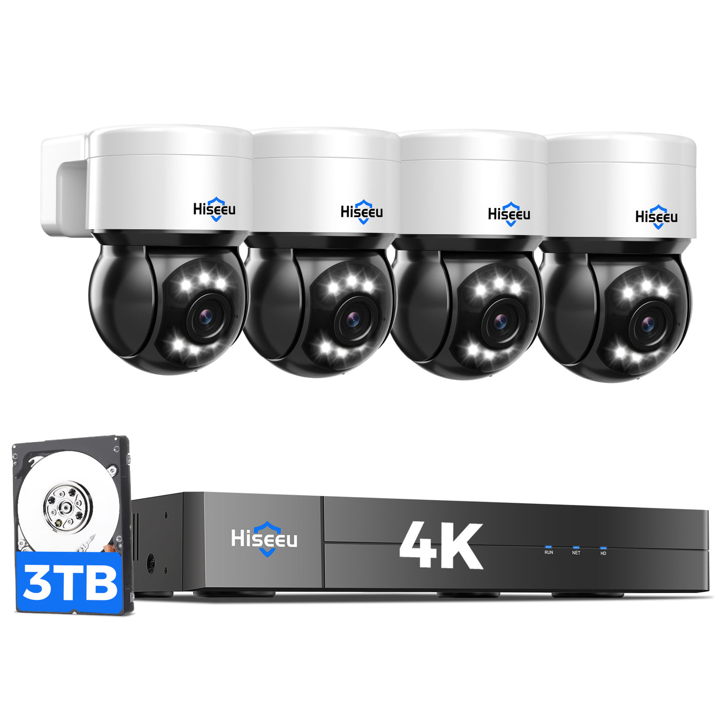 Hiseeu [4K HD + 330°Pan 90°Tilt] 4K PoE Security Camera System, CCTV Camera Security System w/4Pcs PoE PTZ Dome Cameras, Human/Vehicle Detect,2-Way Audio,Home Surveillance NVR Kit, 3TB HDD,7/24 Record