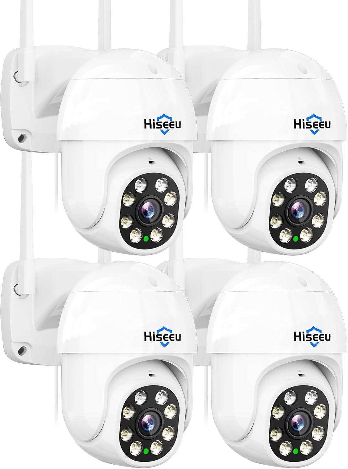 Hiseeu 4Pcs 2K 3MP PTZ Security Camera Outdoor,WiFi Camera, Auto Tracking&Light Alarm Floodlight & Color Night Vision,Two-Way Audio, Plug-in Cable,Compatible Wireless Camera System