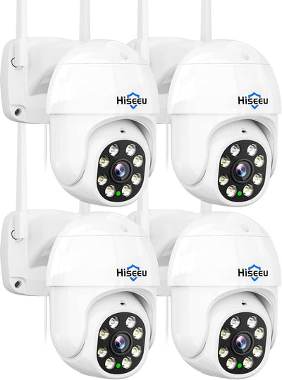 Hiseeu 4Pcs 2K 3MP PTZ Security Camera Outdoor,WiFi Camera, Auto Tracking&Light Alarm Floodlight & Color Night Vision,Two-Way Audio, Plug-in Cable,Compatible Wireless Camera System