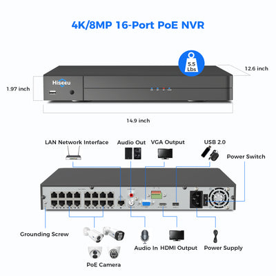 Hiseeu 4K PoE Network Video Recorder NVR, Support 4K/2K/8MP/5MP/3MP/1080P PoE Camera, Free Remote Access, Motion Alarm, 24/7 Recording, Smart Playback, No Hard Disk Drive