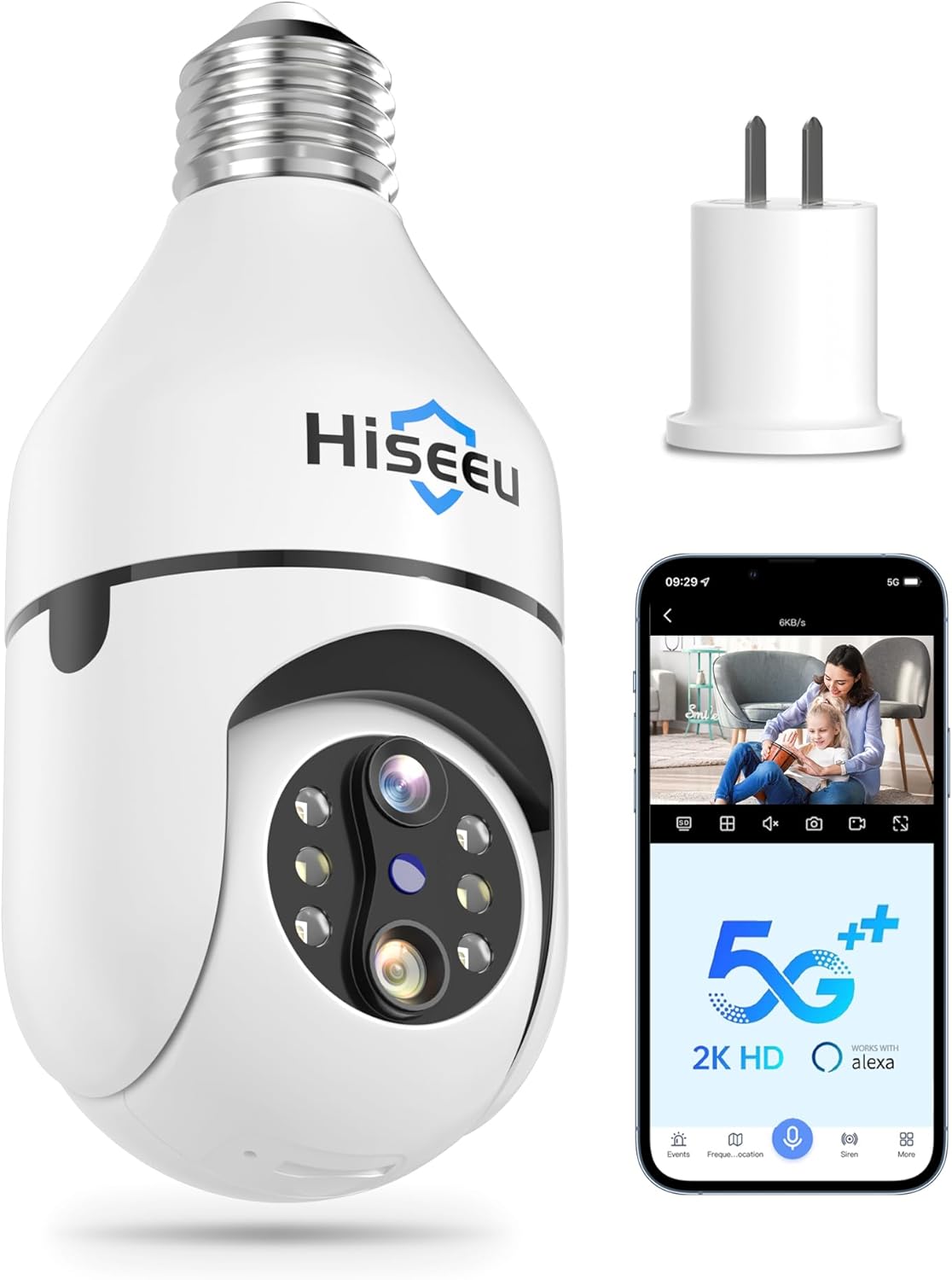 Hiseeu 5G light bulb camera rotating 360 degrees for full coverage