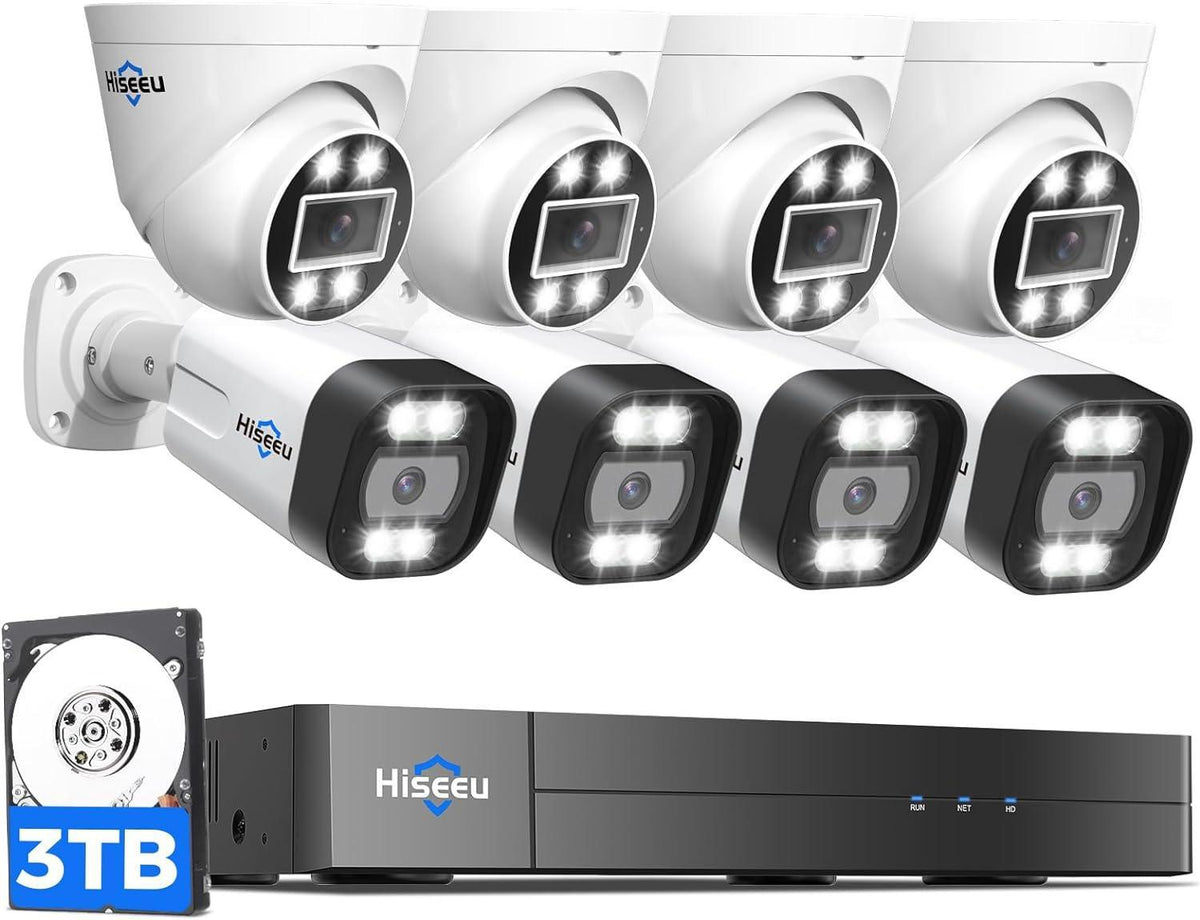 [2-Way Audio+121°Wide Angle] Hiseeu 4K 8MP PoE Security Camera System,8Pcs 5MP IP Wired Security Cameras Indoor Outdoor,PoE NVR 16CH Expandable,Human/Vehicle Detect,Playback,3TB HDD,24/7 Record - Hiseeu