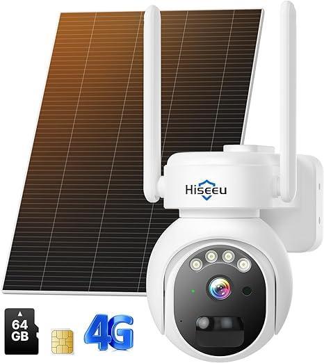 Hiseeu No WiFi Security Camera, 4G Cellular Security Cameras Wireless Outdoor, Solar Cameras 360° PTZ, 2K Color Night Vision, 2-Way Talk, PIR Motion, 64G SD & SIM Card Included - Hiseeu