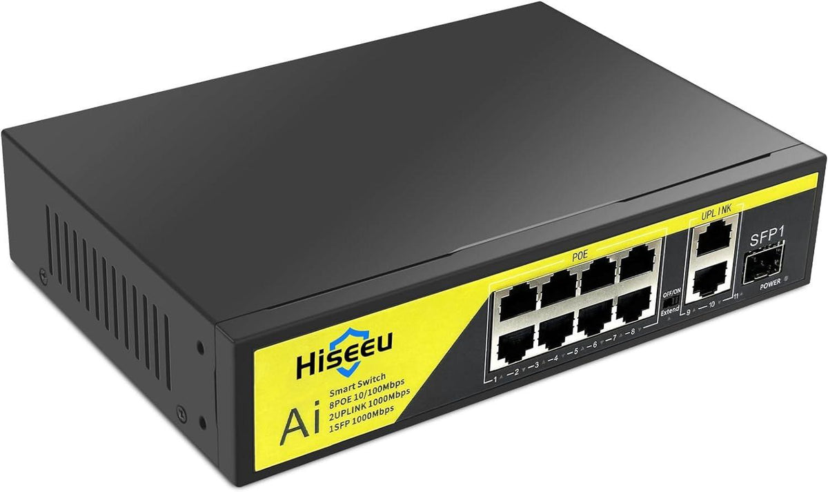 Hiseeu【1000 Mbps】8 Port PoE Switch (8 PoE+ Ports + 2 Ethernet Uplink Ports), 802.3 af/at, 100Mbps, Plug & Play, 120W, AI Watchdog, 250m (820 ft), Noiseless/ Compact & Sturdy Metal Case/ Desktop - Hiseeu