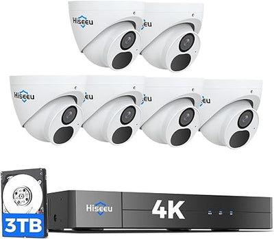 Hiseeu 4K/8MP PoE Security Camera System Home Security System w/4pcs 4K IP Security Cameras Outdoor Night Vision 4K 8CH H.265 NVR with 3TB HDD for 24/7 Record
