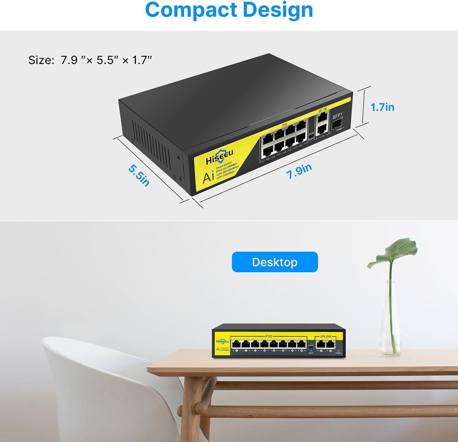 Hiseeu【1000 Mbps】8 Port PoE Switch (8 PoE+ Ports + 2 Ethernet Uplink Ports), 802.3 af/at, 100Mbps, Plug & Play, 120W, AI Watchdog, 250m (820 ft), Noiseless/ Compact & Sturdy Metal Case/ Desktop - Hiseeu