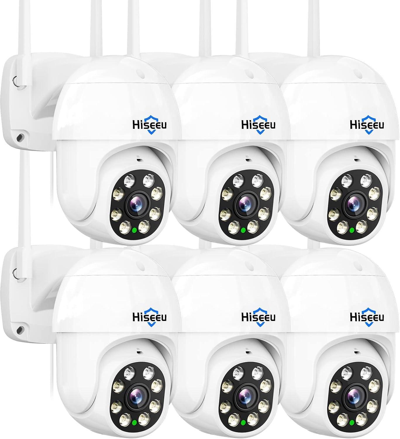 Hiseeu 6 Pack 2K 3MP PTZ Security Camera Outdoor,WiFi Camera, Auto Tracking&Light Alarm Floodlight & Color Night Vision,Two-Way Audio, Plug-in Cable,Compatible Wireless Camera System