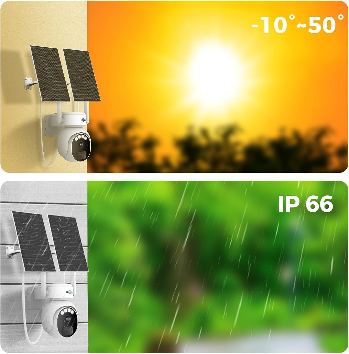 Hiseeu 24/7 Recording Solar Camera Outdoor, 4MP Wireless Home Security Camera, PTZ 360° View, PIR Motion Detection, Color Night Vision, IP66, 2-Way Audio, 2.4G WiFi, No Monthly Fee - Hiseeu