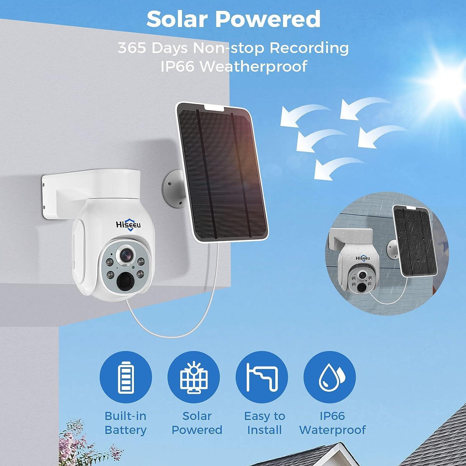 Hiseeu Solar Security Camera Outdoor, 4MP Wireless Battery Camera, PTZ 360° View, PIR Motion Detection, Color Night Vision, IP66, 2-Way Audio, 2.4G WiFi, Compatible with Alexa - Hiseeu