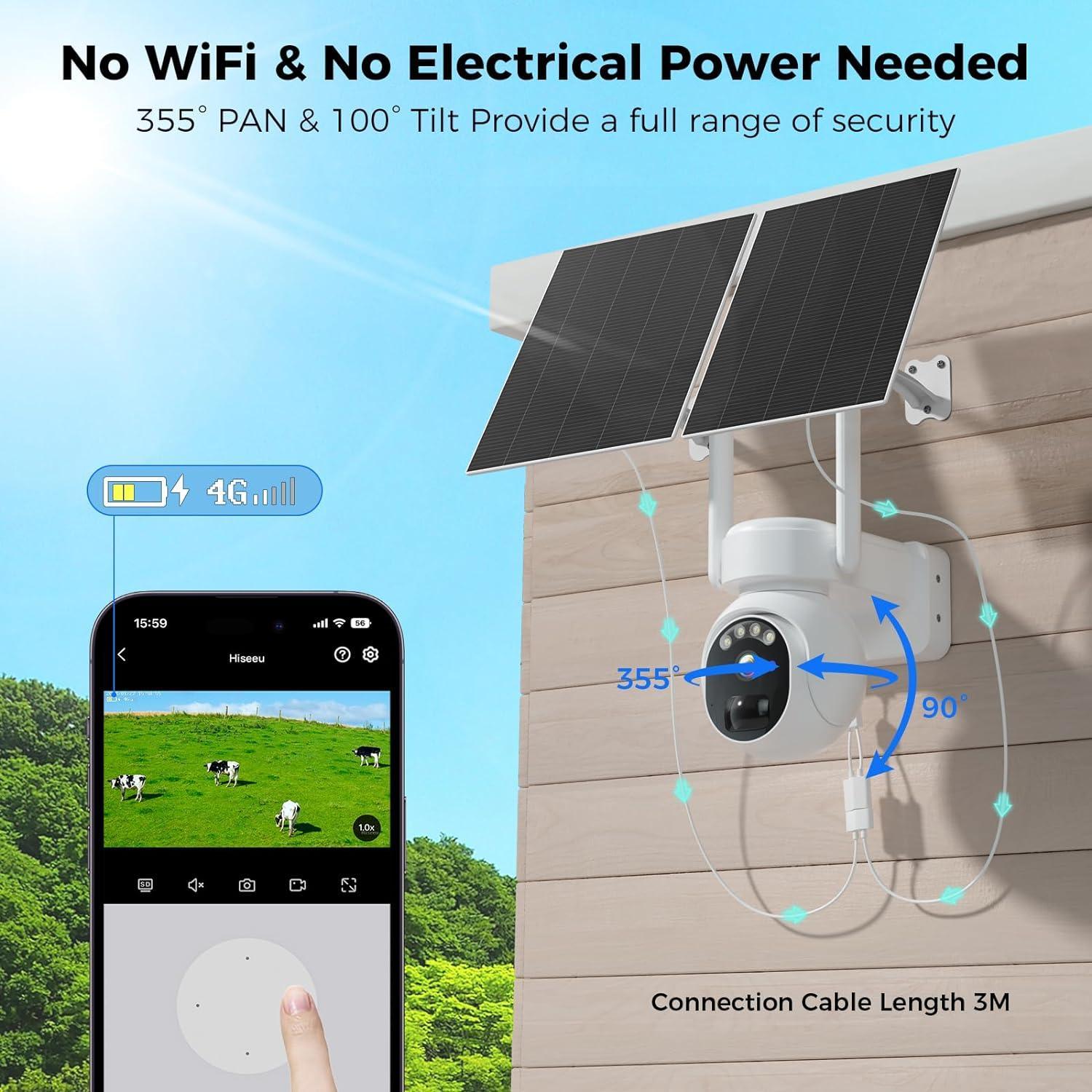 Hiseeu 4G Cellular Security Cameras Wireless Outdoor, [24/7 Recording] No WiFi Security Camera, 20W Solar Cameras 360°PTZ, 2K Night Vision, 2-Way Talk, 20000mAh Battery, 64G SD & SIM Card - Hiseeu