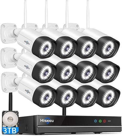 Hiseeu【Wireless Pro,Plug & Play】 5MP WiFi Security Camera System Outdoor, 12Pcs Camera Surveillance System, Color Night Vision, Two-Way Audio, 3TB Hard Drive, 24/7 Recordings, Up to 16 Channels - Hiseeu