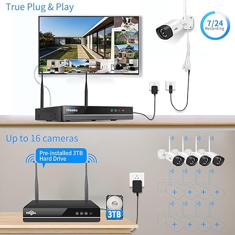 Hiseeu【Wireless Pro,Plug & Play】 5MP WiFi Security Camera System Outdoor, 12Pcs Camera Surveillance System, Color Night Vision, Two-Way Audio, 3TB Hard Drive, 24/7 Recordings, Up to 16 Channels