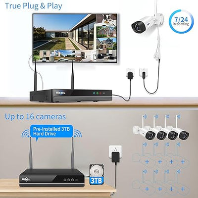 Hiseeu【Wireless Pro,Plug & Play】 5MP WiFi Security Camera System Outdoor, 12Pcs Camera Surveillance System, Color Night Vision, Two-Way Audio, 3TB Hard Drive, 24/7 Recordings, Up to 16 Channels