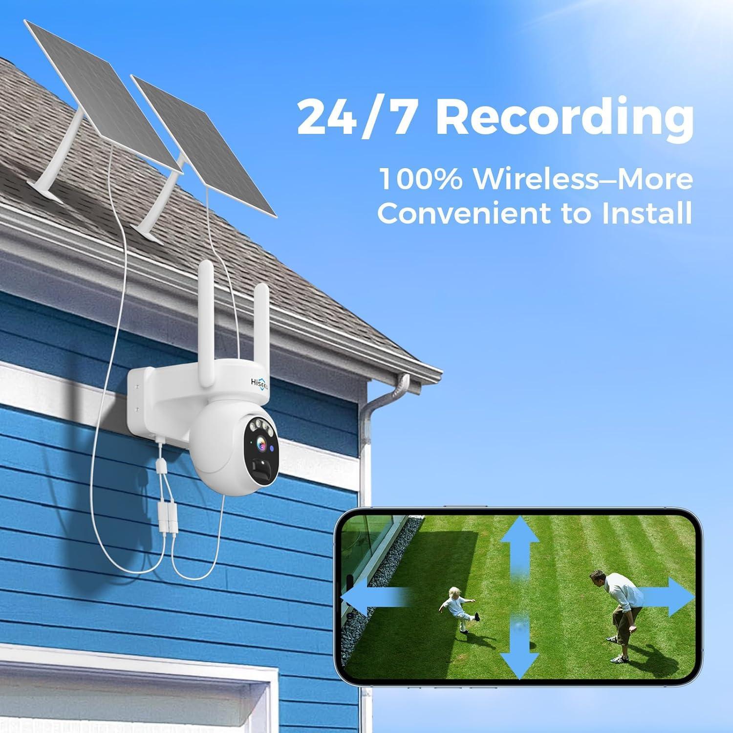 Hiseeu 24/7 Recording Solar Camera Outdoor, 4MP Wireless Home Security Camera, PTZ 360° View, PIR Motion Detection, Color Night Vision, IP66, 2-Way Audio, 2.4G WiFi, No Monthly Fee - Hiseeu