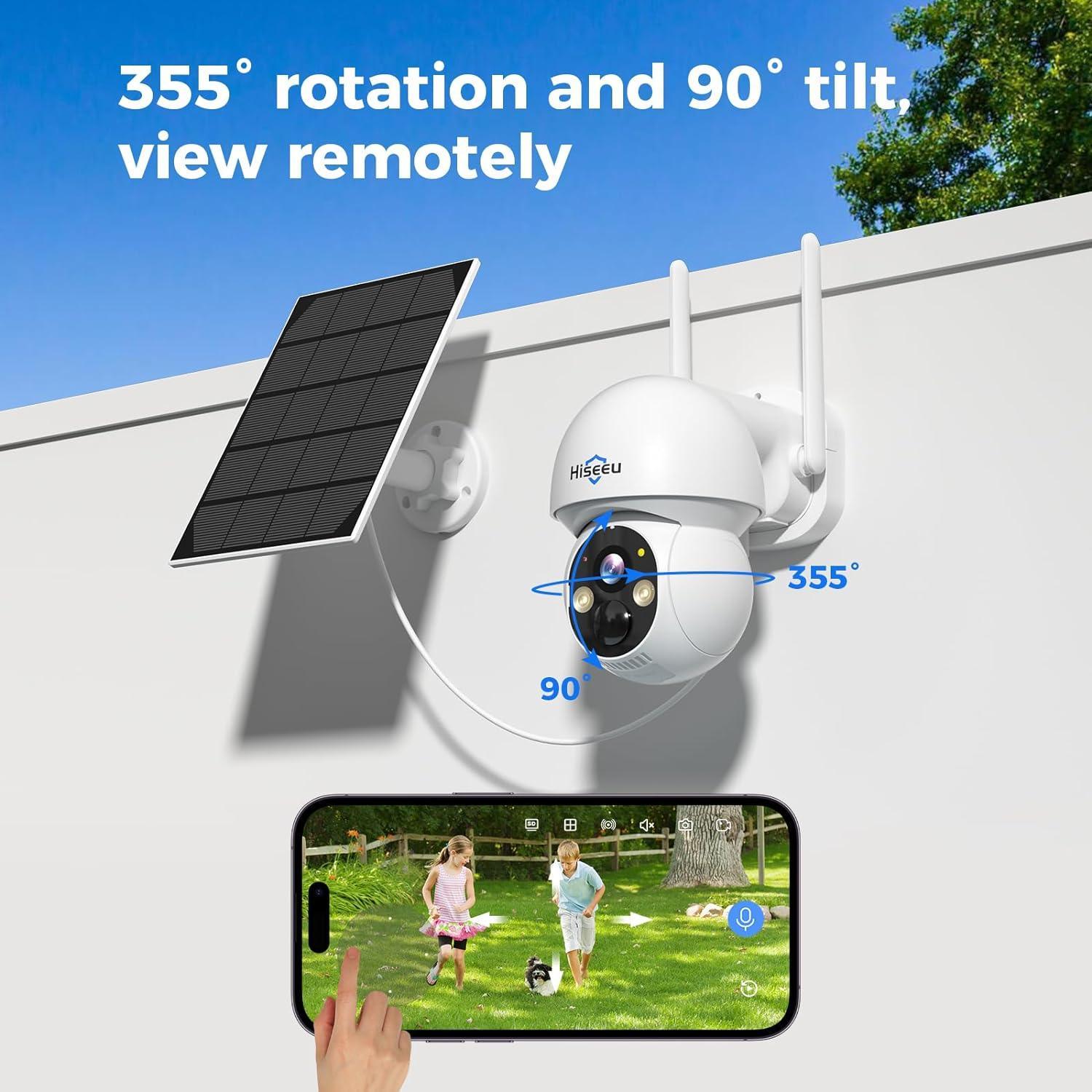 Hiseeu Solar Camera Outdoor, 4MP Wireless Battery Camera, PTZ 360° View, PIR Motion Detection, Color Night Vision, IP66, 2-Way Audio, 2.4G WiFi - Hiseeu