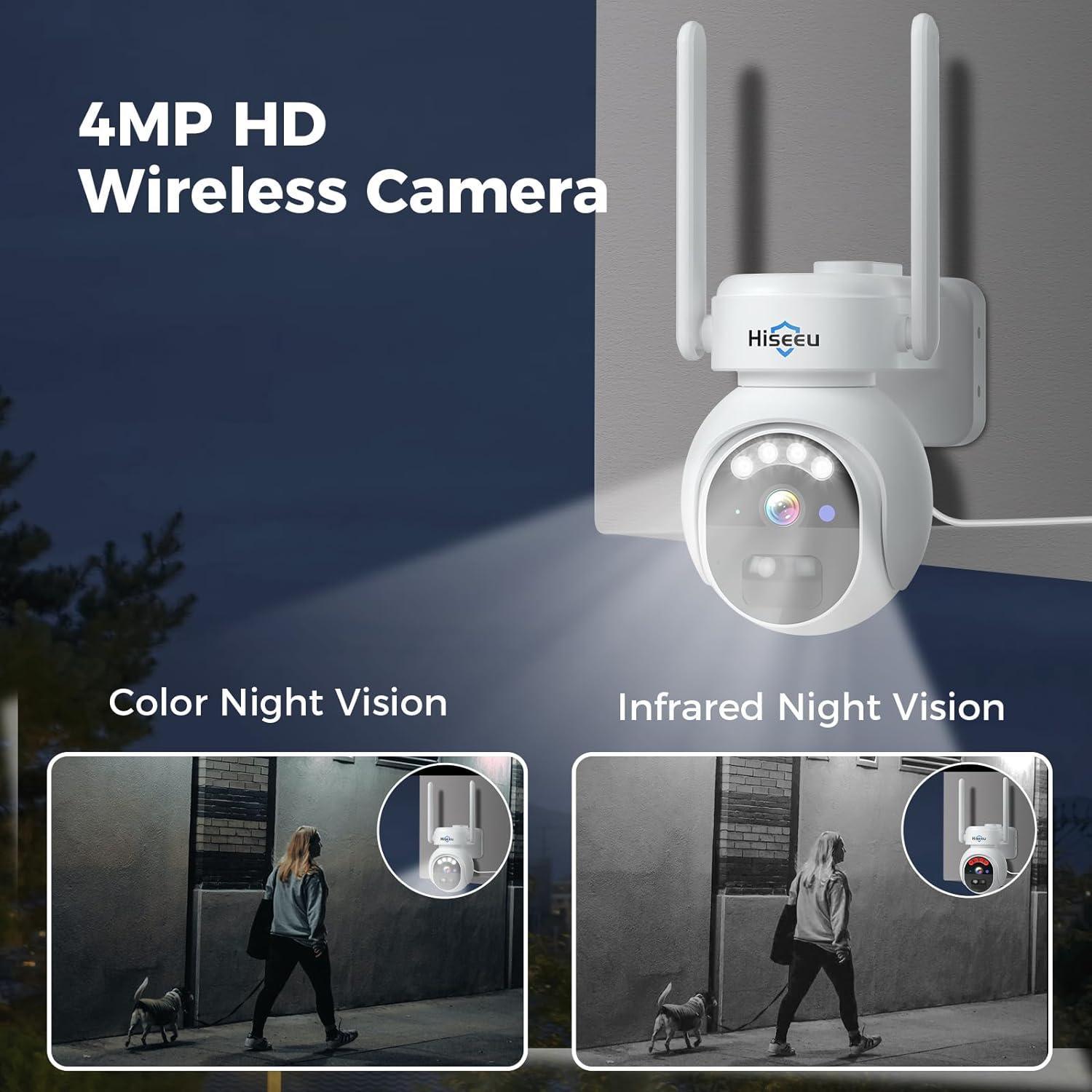 Hiseeu 24/7 Recording Solar Camera Outdoor, 4MP Wireless Home Security Camera, PTZ 360° View, PIR Motion Detection, Color Night Vision, IP66, 2-Way Audio, 2.4G WiFi, No Monthly Fee - Hiseeu