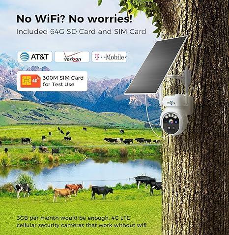 Hiseeu No WiFi Security Camera, 4G Cellular Security Cameras Wireless Outdoor, Solar Cameras 360° PTZ, 2K Color Night Vision, 2-Way Talk, PIR Motion, 64G SD & SIM Card Included - Hiseeu