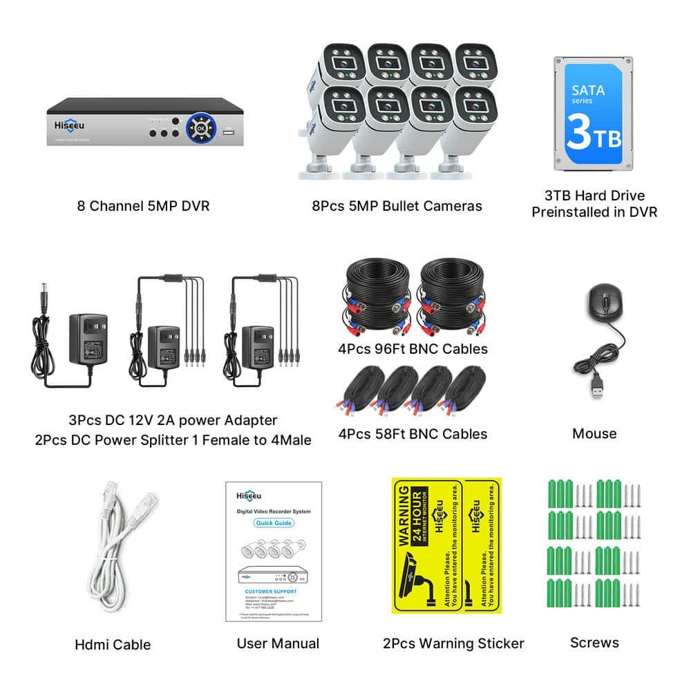 HiseU [Person/Fahrzeugerkennung] 5MP -Überwachungskamera -System 8 -CH -Kabel -Home -Überwachungskamera mit Indoor H. 265+ DVR für kostenlose Remote Mobile/PC 7/24 Aufzeichnung