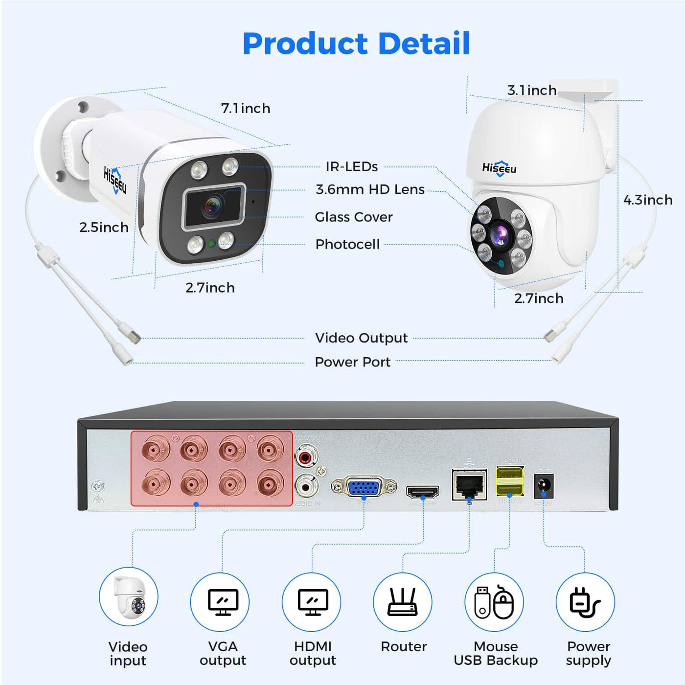 Hiseeu 3K PTZ Wired Security Camera System with AI Human/Vehicle Detection 8ch 5MP H.265+ DVR 8PCS TVI Cameras 3TB HDD Home CCTV Camera System 355°Pan+90°Tilt,Outdoor&Indoor,Night Vision,24/7 Record