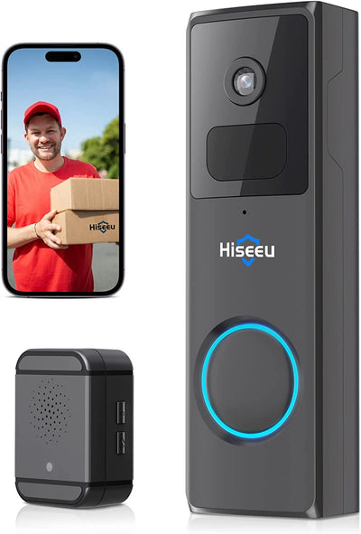 Hiseeu Wireless Doorbell Camera with Chime, Voice Changer, 2MP Video, PIR Detection, 100% Wire-Free Battery Powered, Anti-Theft Alarm, Night Vision, SD/Cloud Storage, Alexa/2.4Ghz WiFi Compatible. - Hiseeu
