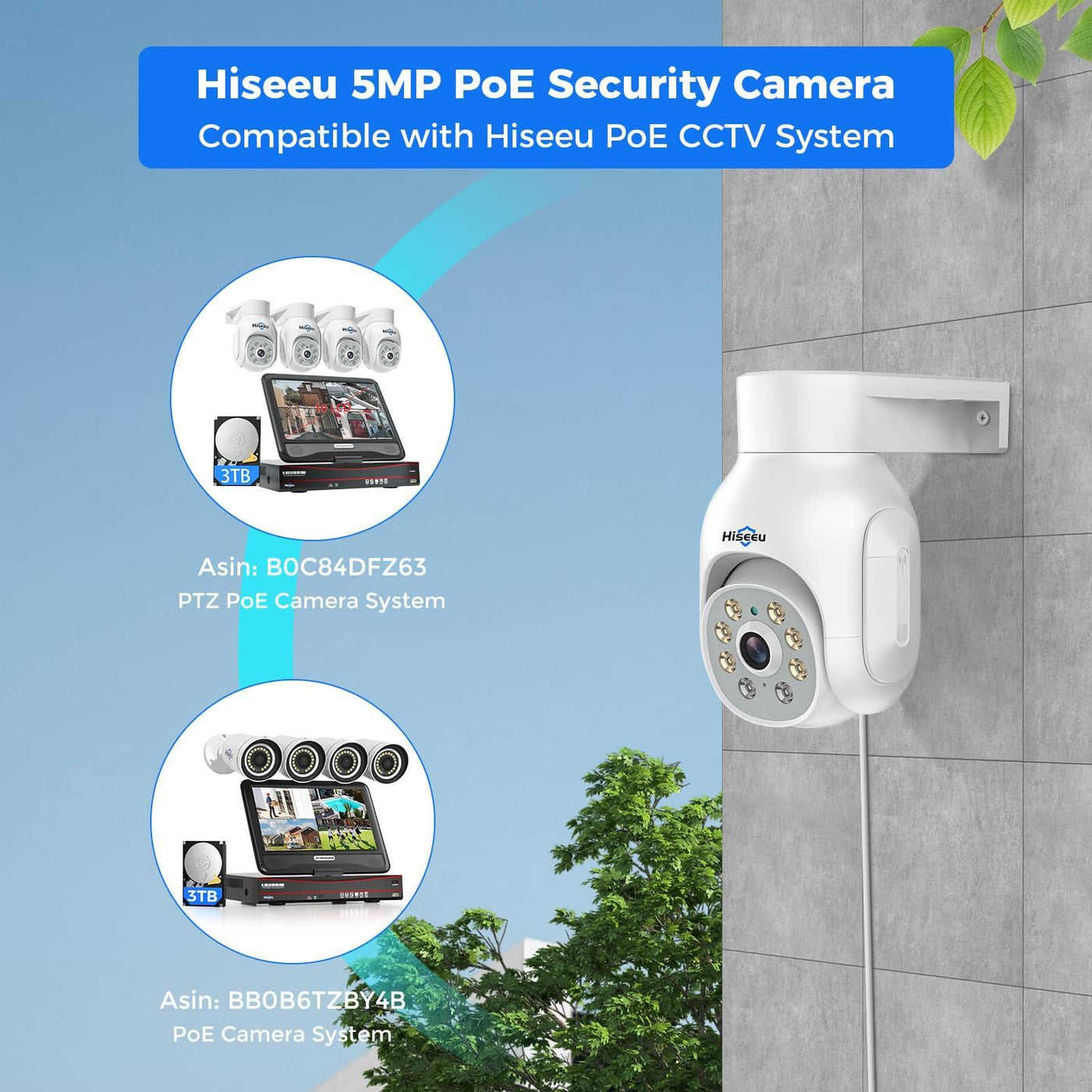 Hiseeu 360° Security Camera Outdoor with Color Night Vision,5MP POE PTZ Camera Outdoor,Wired CCTV camera,Motion Detection,2-Way Audio,Remote View,Work POE CCTV System