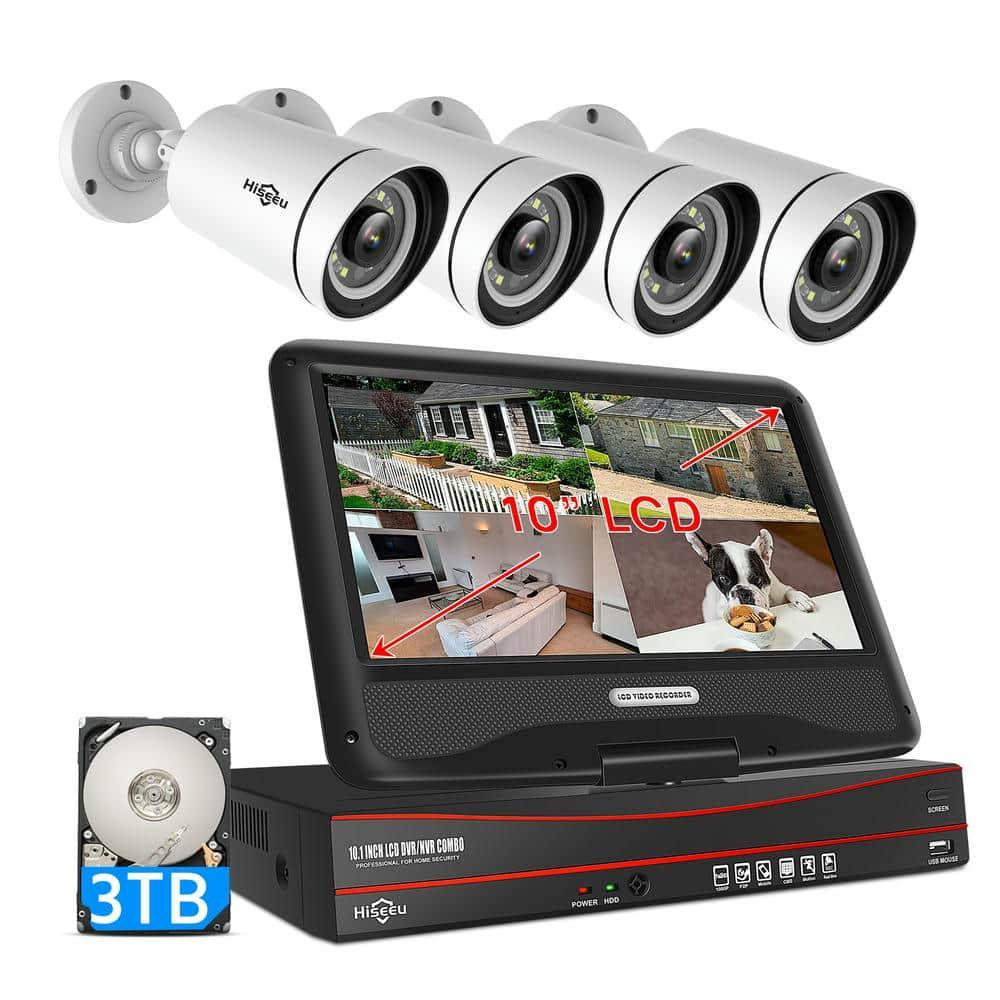 【5MP+3TB HDD】Hiseeu 5MP PoE CCTV Security Camera System,10'' LCD Monitor with 8CH NVR,4X5MP PoE IP Cameras Outdoor with Floodlights for Color Night Vision IP66 Waterproof Remote Access Two-way Audio