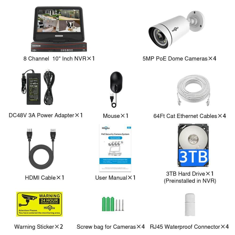 [Wired PoE, Expandable 8Channels, 10''Monitor NVR] 5MP PoE Bullet IP Security Camera System BUILD-IN 3TB HDD