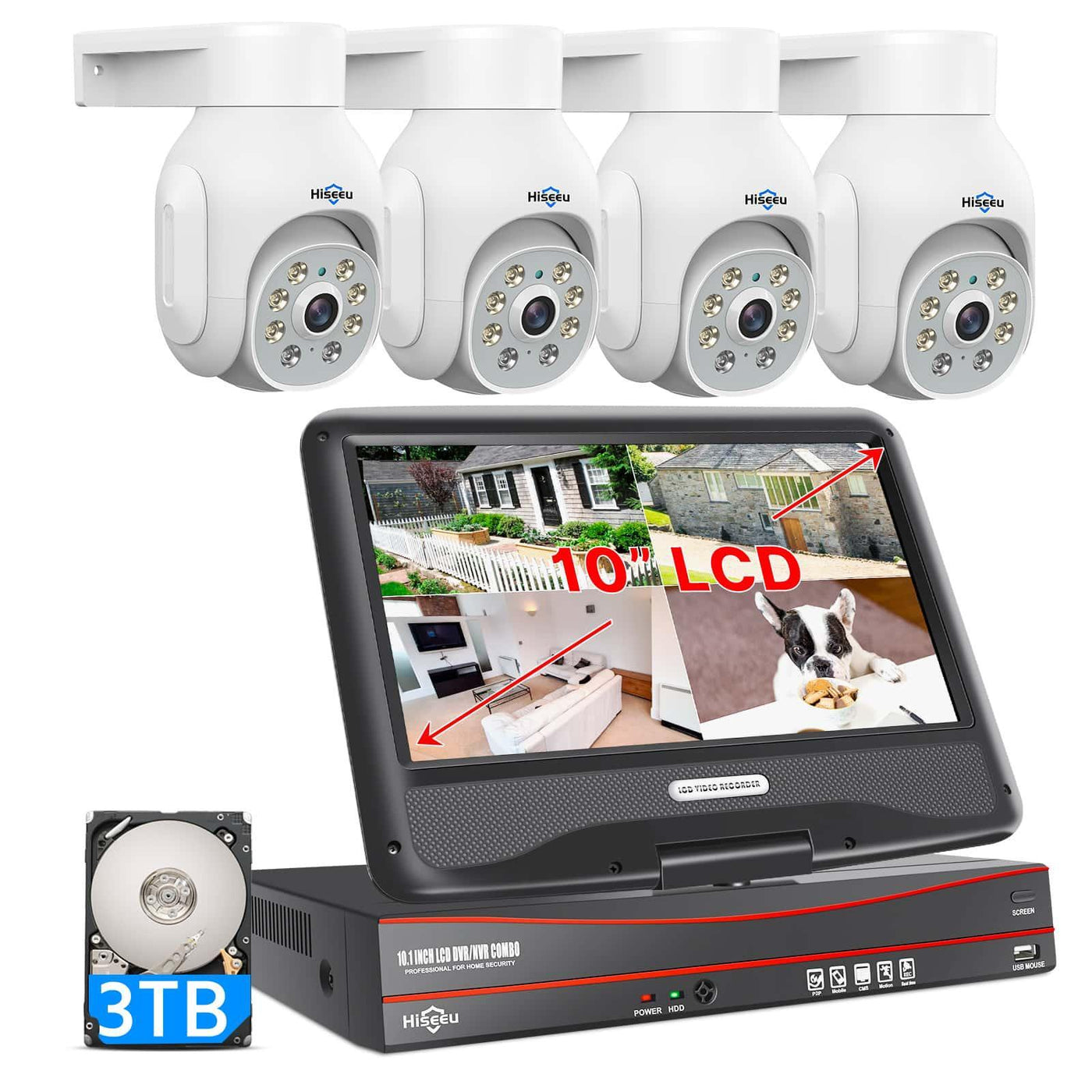 【5MP+PTZ】Hiseeu 5MP PoE CCTV Security Camera System,10'' LCD Monitor with 8CH NVR,4X5MP PoE PTZ Camera with Color Night Vision IP66 Waterproof Remote Access Two-way Audio