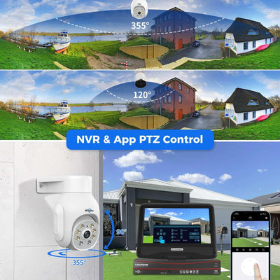 【5MP+PTZ】Hiseeu 5MP PoE CCTV Security Camera System,10'' LCD Monitor with 8CH NVR,4X5MP PoE PTZ Camera with Color Night Vision IP66 Waterproof Remote Access Two-way Audio