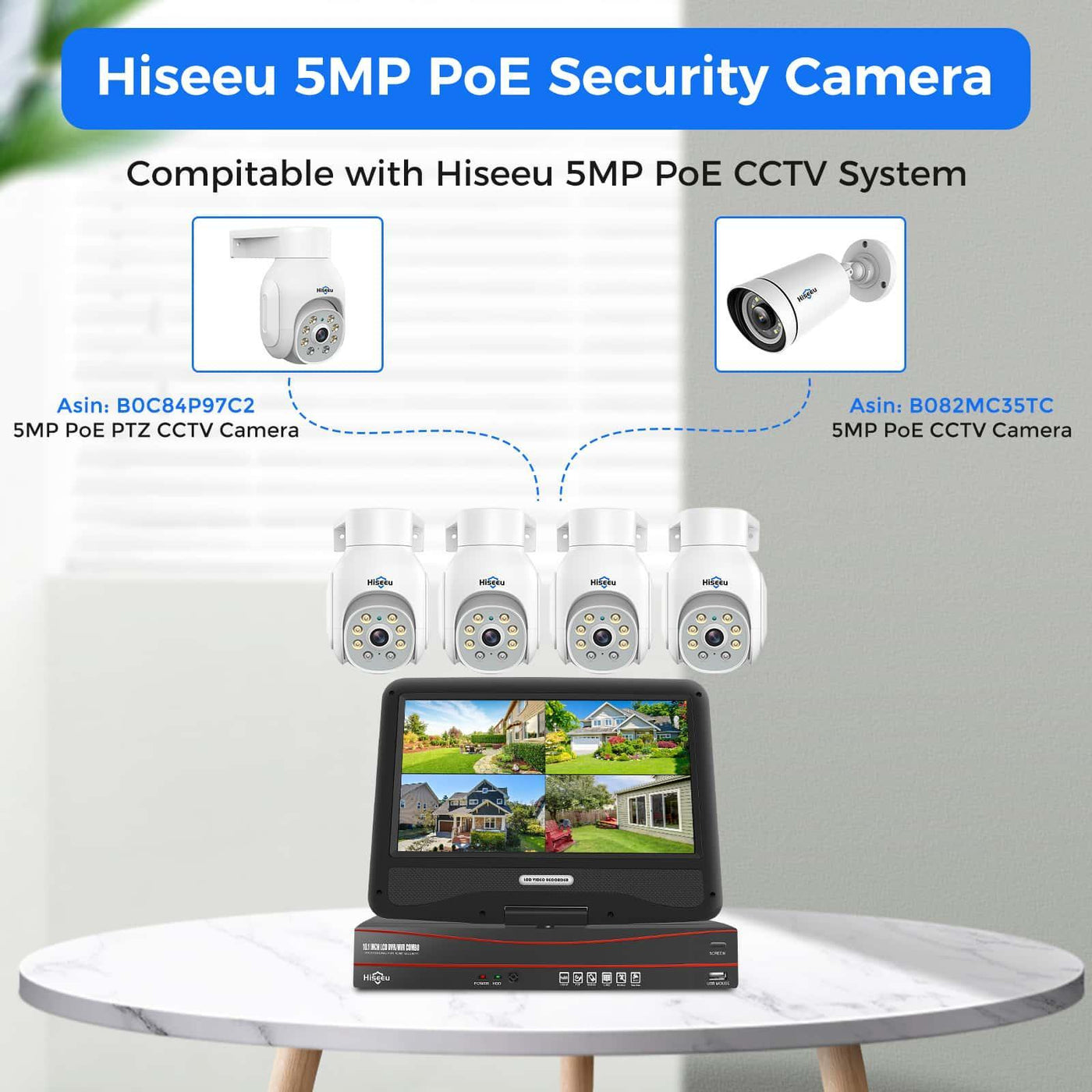 HiseU 【5MP+PTZ】 5MP POE CCTV-Überwachungskamera, 10 '' LCD-Monitor mit 8-CH-NVR, 4x5mp POE PTZ-Kamera mit Farbnacht IP66 Waterfof Remote Access Zwei-Wege-Audio