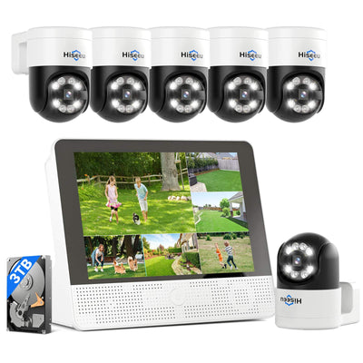 【All-in-One】Hiseeu 4K PoE Security Camera System, w/ 12’’ Monitor, 6Pcs/8Pcs 5MP PoE PTZ Security Cameras, Pan Tilt, Human Tracking, 2-Way Audio, Remote Access, 16 Channel NVR, for Home CCTV Surveillance