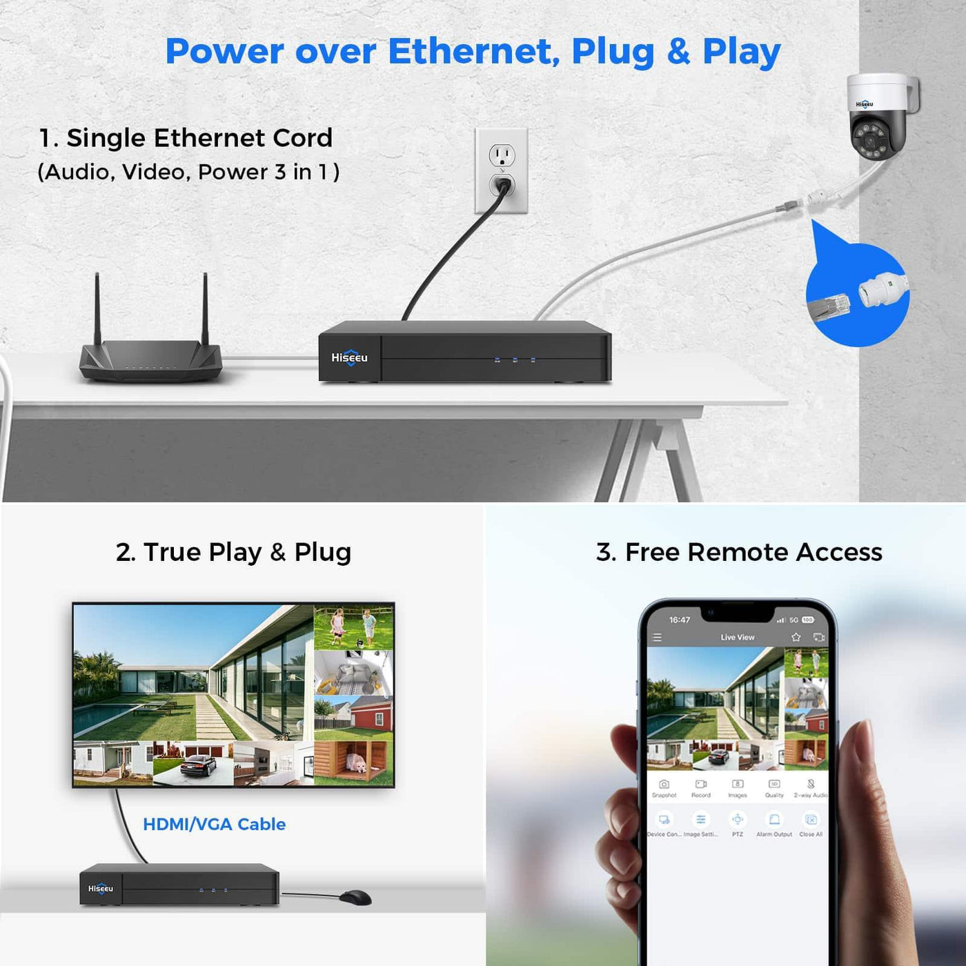 HiseU 4K POE-Überwachungskamera-System, CCTV-Kamera-Sicherheitssystem mit 5 MP Home-Sicherheitskameras, PTZ 270 ° PAN 90 ° Neigung