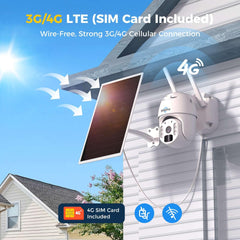 2K Wireless 3G/4G LTE PTZ Solar Security Camera No WiFi With Battery Powered SIM Card Included