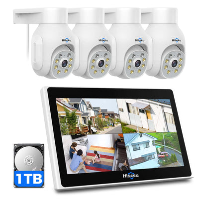 Hiseeu Wireless Security Camera System, 4PCS 3MP/5MP Outdoor Camera with 10in LCD 1T HDD, 2-Way Audio, PTZ, Color Night Vision, Motion Alert, IP66 Waterproof, Auto Tracking, 2.4G WiFi, No Monthly Fee