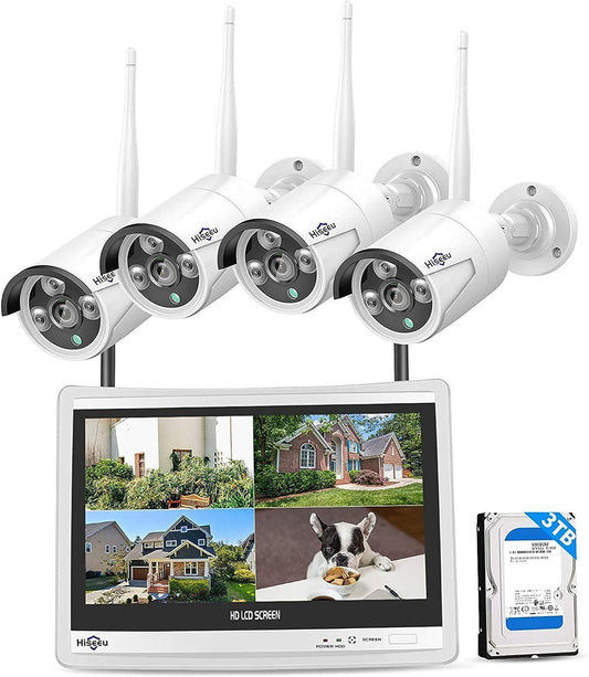 Hiseeu [10CH Expandable, 5MP] Security System with 12" LCD Monitor, 3TB Hard Drive, Wireless 4K Dual WiFi NVR, 4pcs 5MP Outdoor Bullet Cameras, Night Vision, Waterproof for Home or Business - Hiseeu 1305