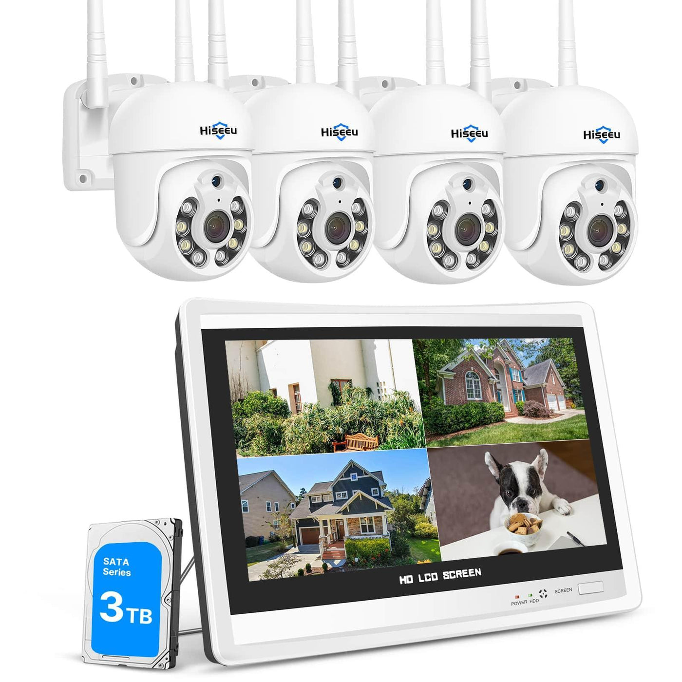 【5MP PTZ+3TB HDD】Hiseeu 5MP Outdoor WiFi PTZ Surveillance Camera Kit with 12’ LCD Monitor,10CH NVR 4*5MP PTZ Camera, Night Vision Colour, Motion Detection, APP Sound Alarm, Remote View