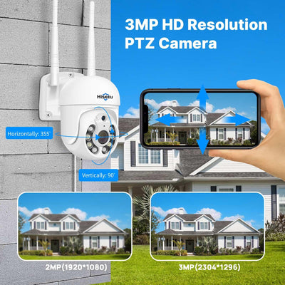 【5MP PTZ+3TB HDD】Hiseeu 5MP Outdoor WiFi PTZ Surveillance Camera Kit with 12’ LCD Monitor,10CH NVR 4*5MP PTZ Camera, Night Vision Colour, Motion Detection, APP Sound Alarm, Remote View