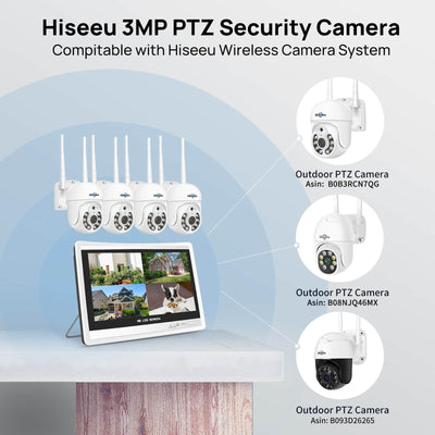 【5MP PTZ+3TB HDD】Hiseeu 5MP Outdoor WiFi PTZ Surveillance Camera Kit with 12’ LCD Monitor,10CH NVR 4*5MP PTZ Camera, Night Vision Colour, Motion Detection, APP Sound Alarm, Remote View