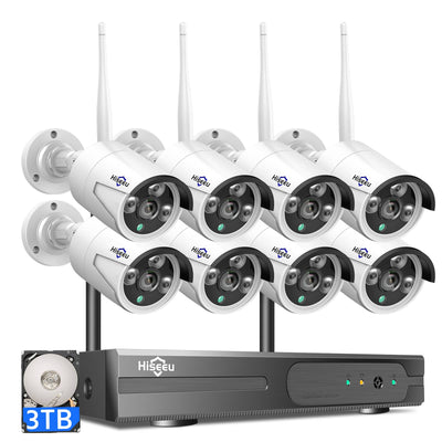 Hiseeu [Expandable 10CH,5MP]Wireless Security Camera System with 3TB Hard Drive with One-Way Audio,10 Channel NVR 8Pcs 5MP Night Vision WiFi Security Surveillance Cameras DC Power Home Outdoor