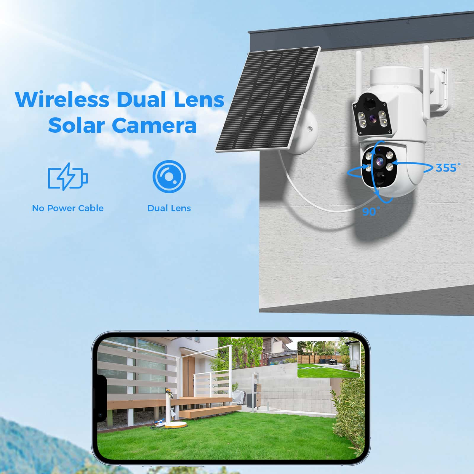 4MP Dual Lens Solar PTZ 360° View Wireless Battery Camera WIth No Monthly Fee Color Night Vision