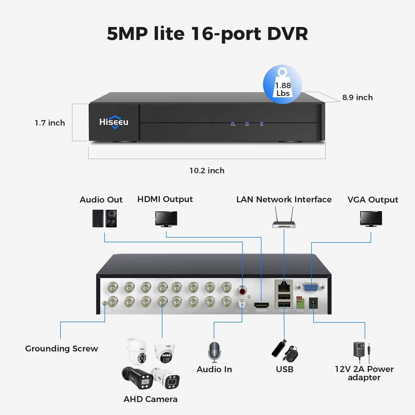 Hiseeu 5MP Lite DVR 16 Channel Security 3K Lite H.265+ Digital Video Recorder Advanced CCTV DVR for Security Camera,AHD/TVI/CVI/CVBS/IPC 5 in 1 Hybrid,Remote Access,No Monthly Fee, (No Hard Drive)