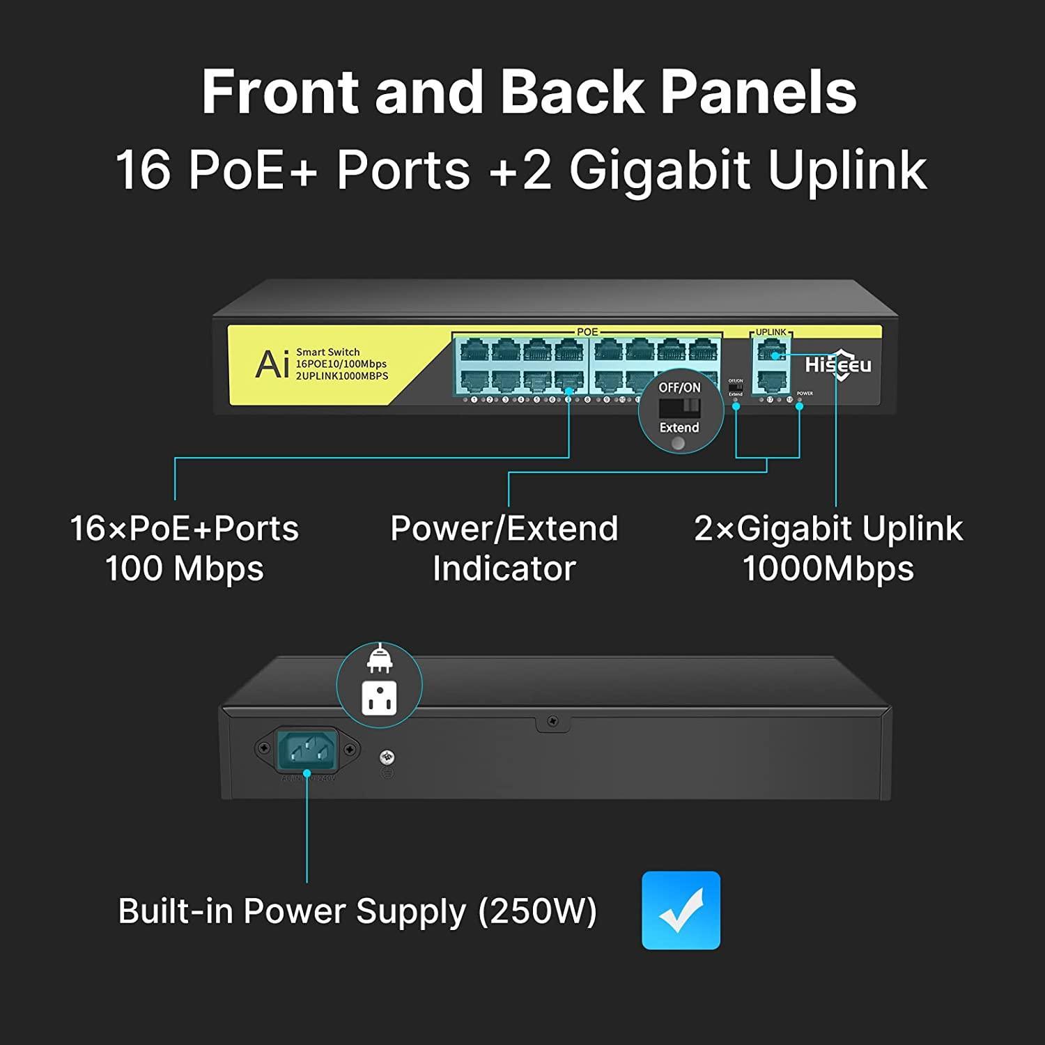 Hiseeu【1000 MBPS】 16 Port PoE Switch + 2 Gigabit Uplink 1000 Mbps - Hiseeu