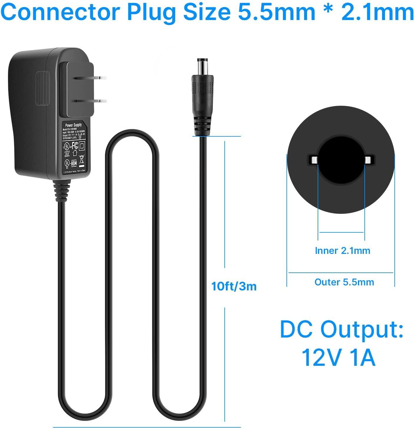 Hiseeu AC 100-240V to DC 12V 1A 1000mA 12W Power Supply 5.5 x 2.1mm FCC 10 Feet Cable Power Supply (12V-1000mA) Power Adapter for Security Cameras - Hiseeu